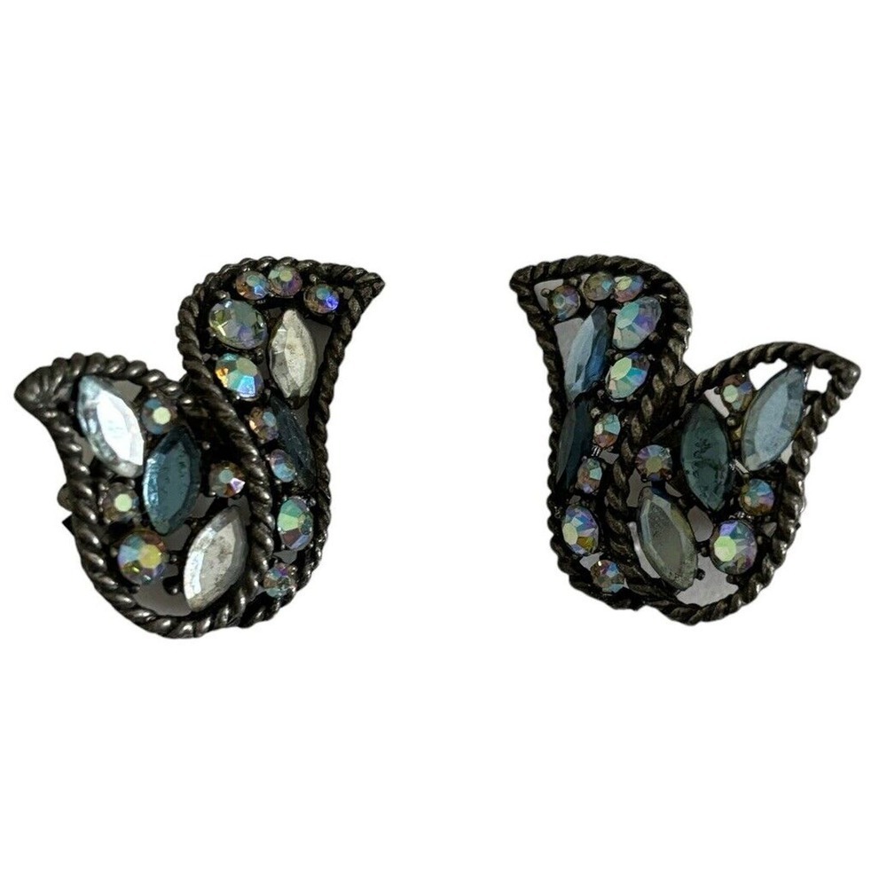Mode Art Clip On Earrings Blue Silver Tone Aurora Borealis Rhinestone Vintage